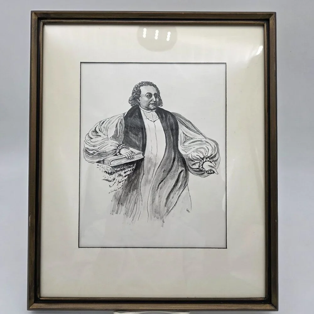 Framed Black & White Samuel Seabury Illustration Original Wooden Frame 11.5